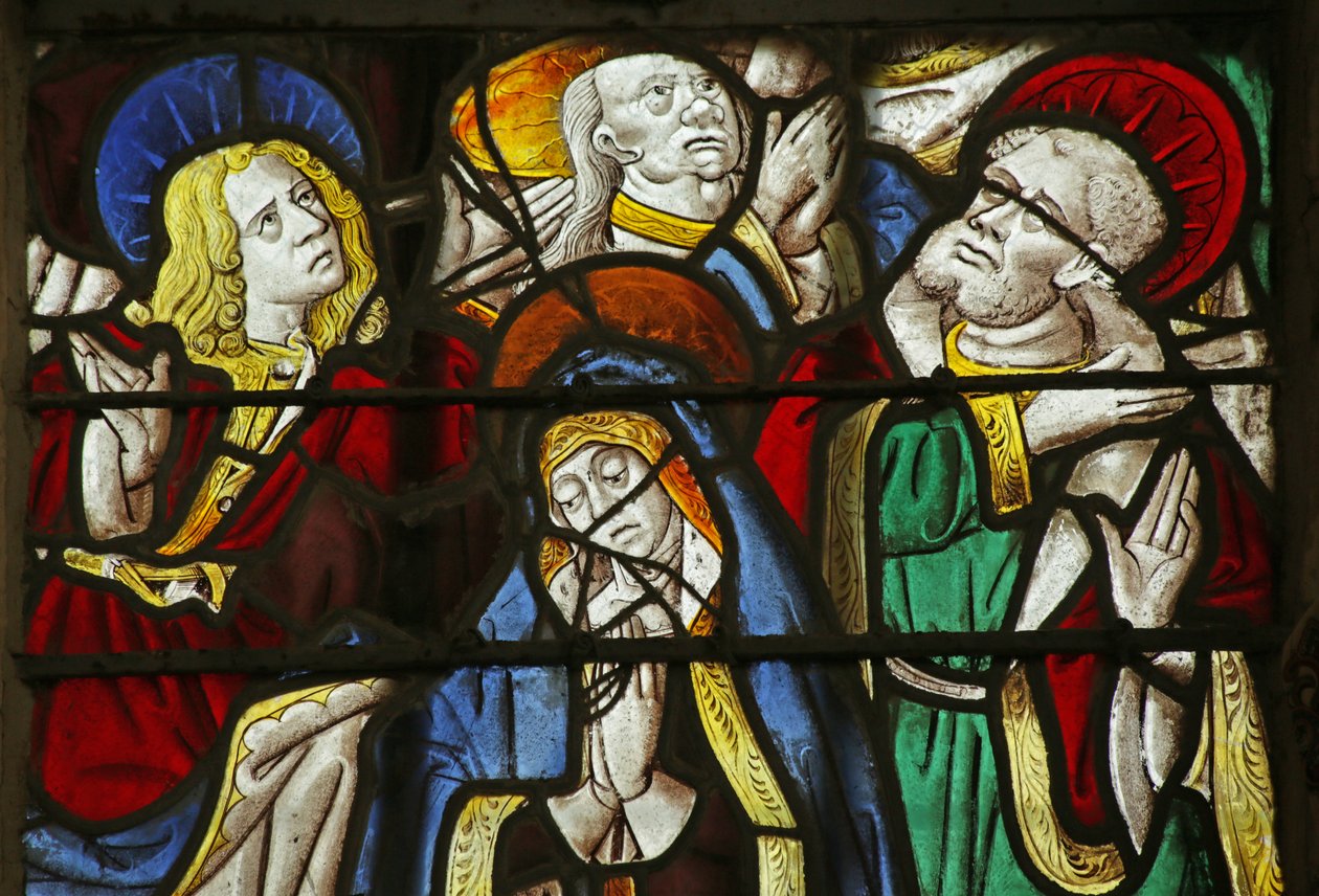 Vindu som viser apostlene og jomfru Maria i pinsen av French School