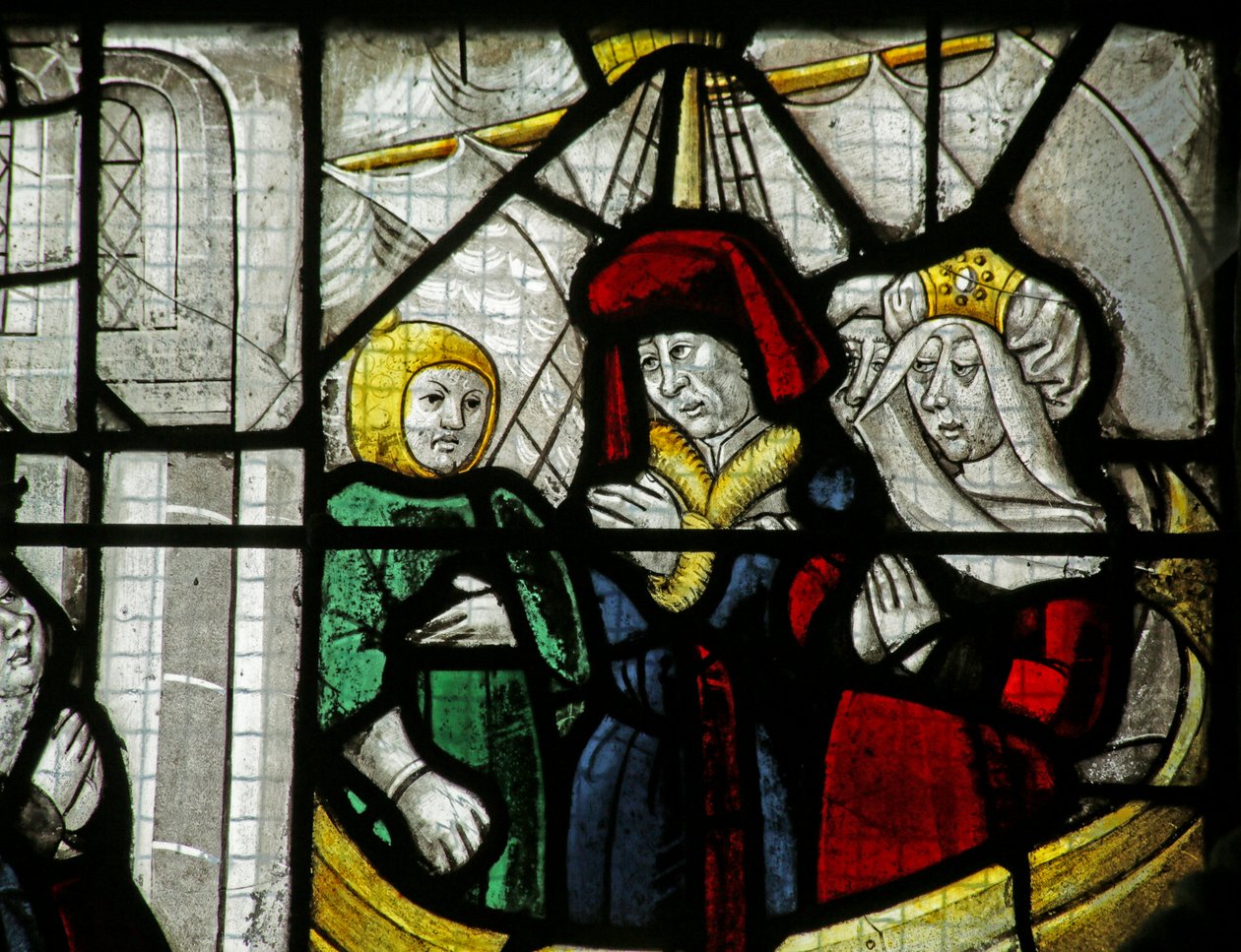 Vindu som viser reisende på et skip, fra et mirakel av St Nicholas, 1460-1470 av French School