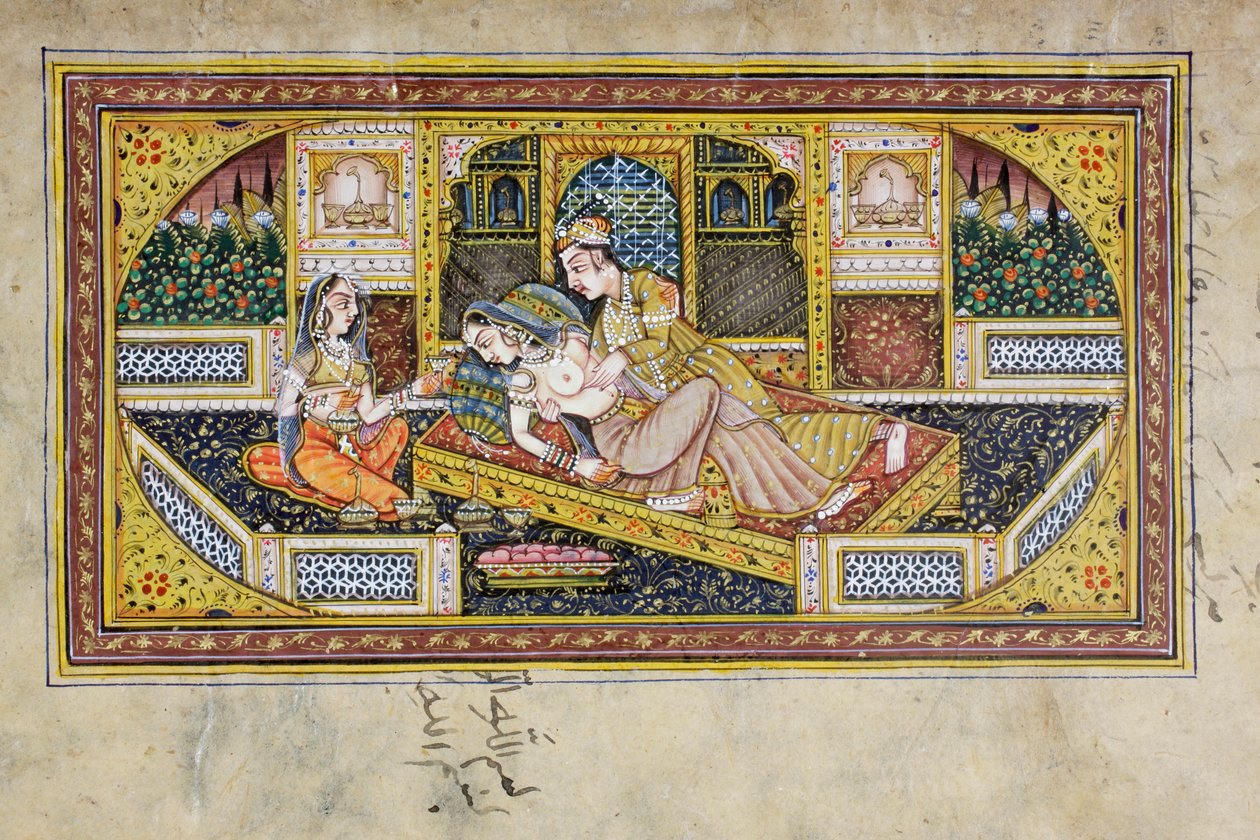 En mann frier til en kvinne i en boudoir-scene, Rajasthani miniatyrmaleri (wc på papir) av Indian School