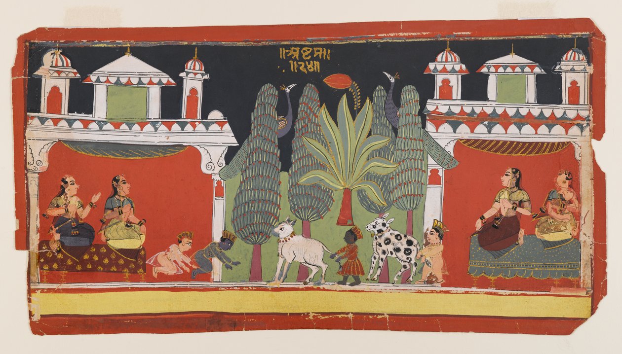 Krishna og Balarama som barn, ca. 1690 (ugjennomsiktig wc og gull på papir) av Indian School