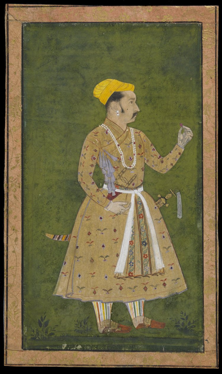 Prins holder en blomst, løsrevet albumfolio med maleri, ca. 1740 (ugjennomsiktig akvarell og gull på papir) av Indian School