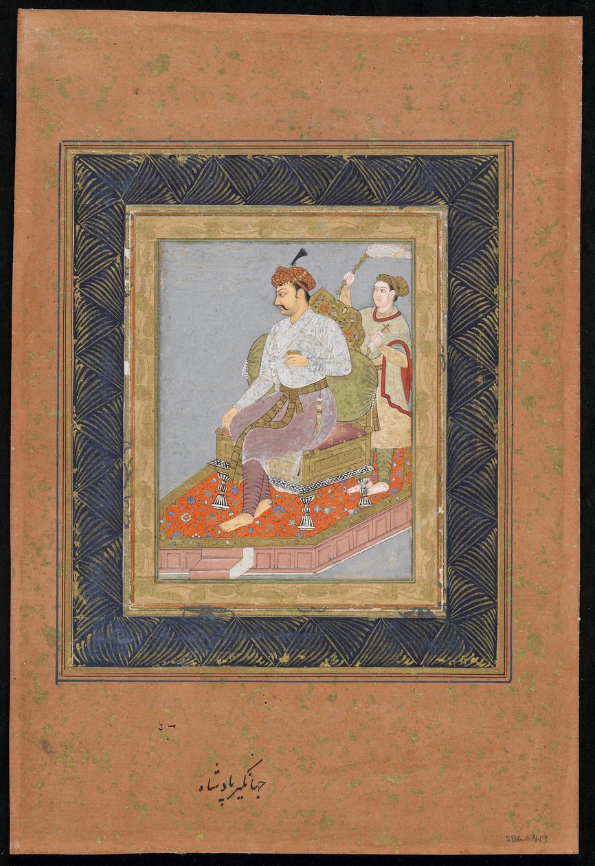 Sittende prins med ledsager, løsrevet albumfolio med maleri, ca. 1900 (ugjennomsiktig akvarell, blekk og gull på papir) av Indian School