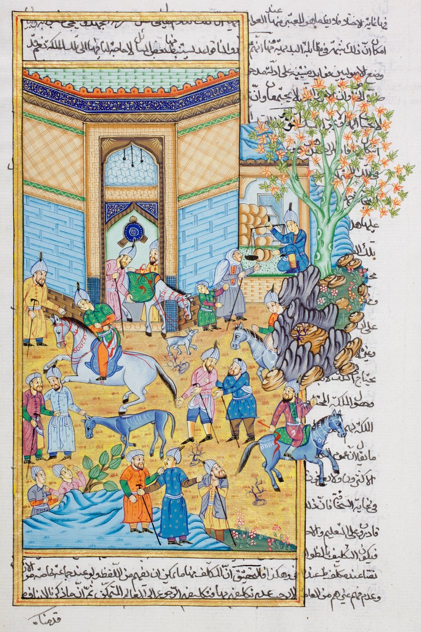 Stallscene, Rajasthani miniatyrmaleri (wc på papir) av Indian School