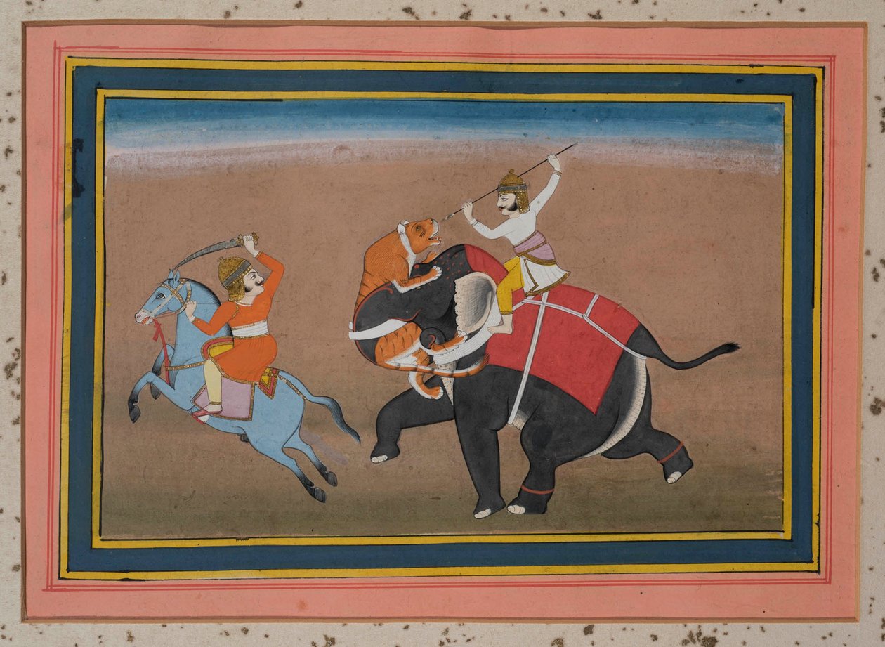 Tiger angriper en elefant (gouache på papir, gullpynt) av Indian School