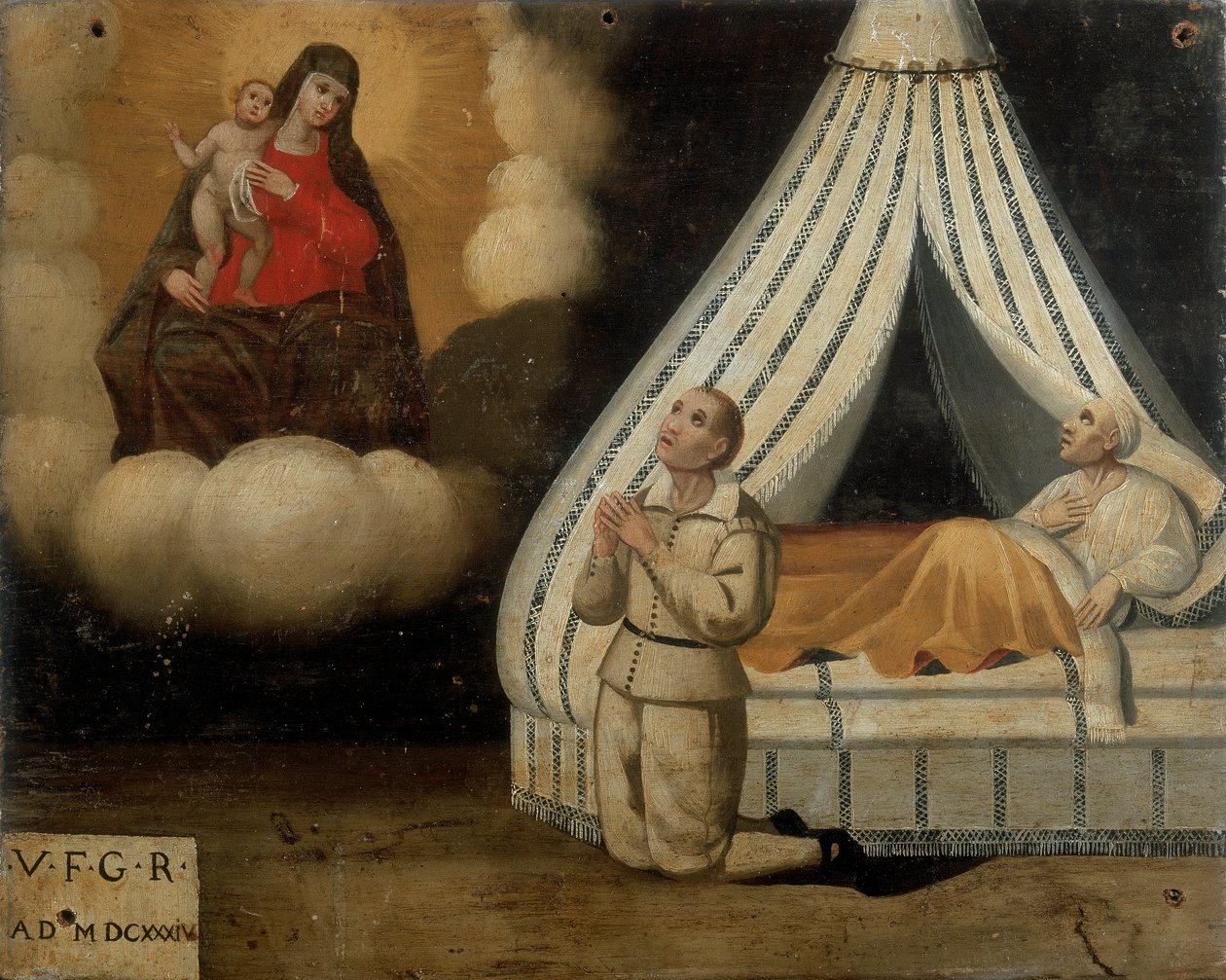 En mann i sengen under en sykdom; til venstre, den samme mannen som ber til Madonna of the Arch om nåden han mottok, Ex-voto, 1603 av Italian School