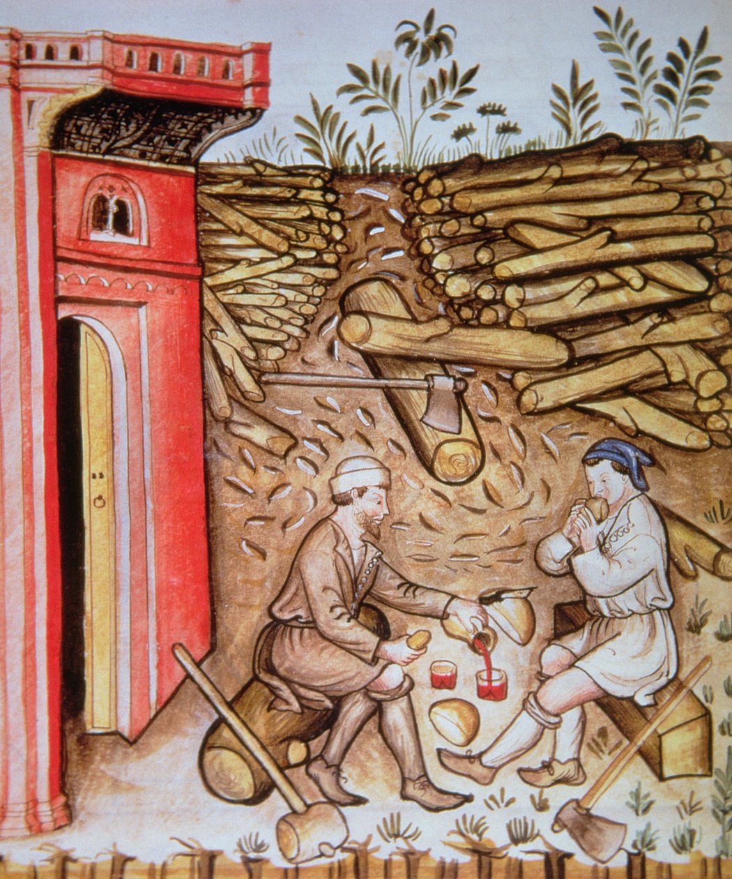 Fol.64r spiser brød og drikker vin, illustrasjon fra Tacuinum Sanitatis Codex Vindobonensis av Italian School