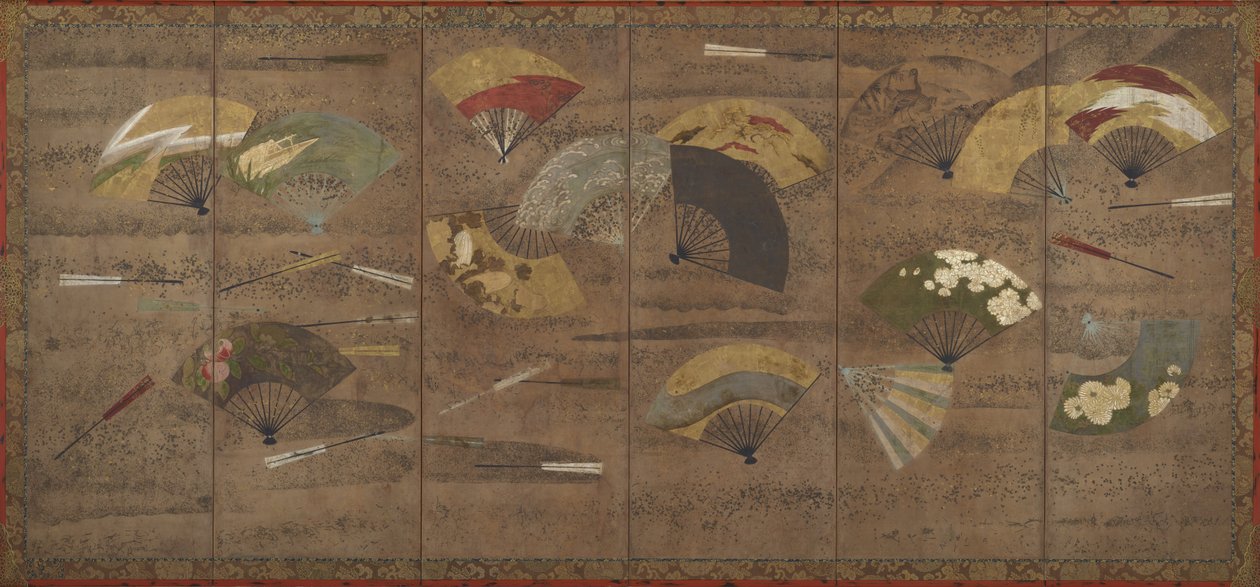 Dekorerte vifter, skjermer (seks paneler), tidlig på 1600-tallet (farge, blekk og gull på papir) av Japanese School