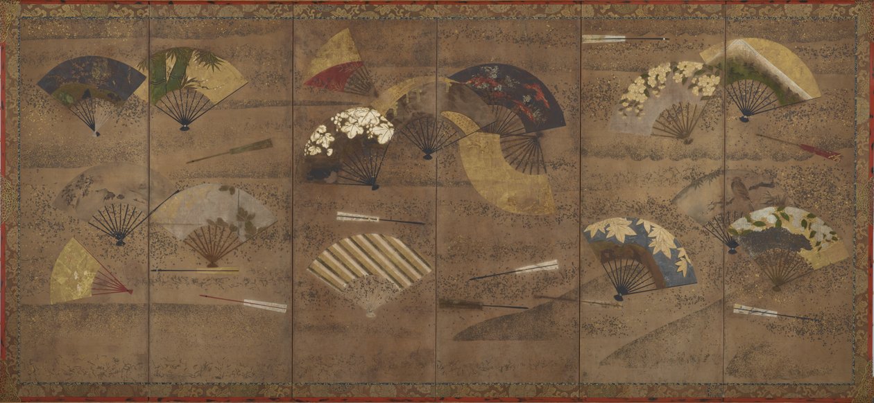 Dekorerte vifter, skjermer (seks paneler), tidlig på 1600-tallet (farge, blekk og gull på papir) av Japanese School