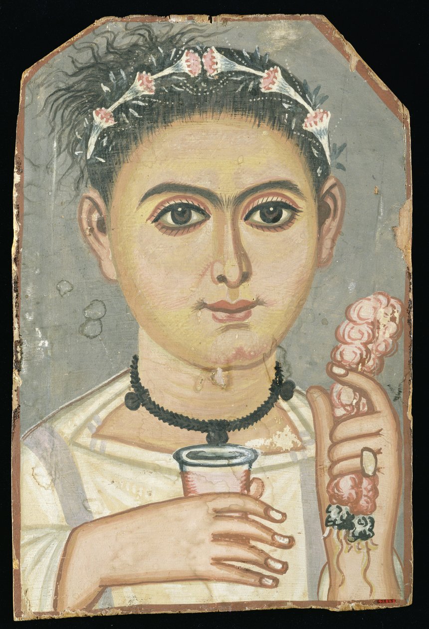 Portrett av en ung person: gutt med en blomsterkrans i håret, muligens fra Er-Rubiyat, Faiyum, Egypt, ca. 200-230 (tempera på tre) av Roman
