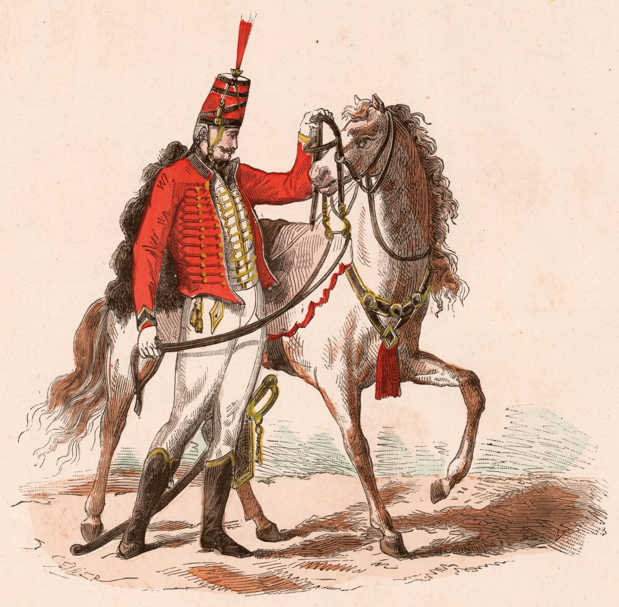 En fransk husar i uniformen står ved siden av hesten (fargegravering) av Unknown
