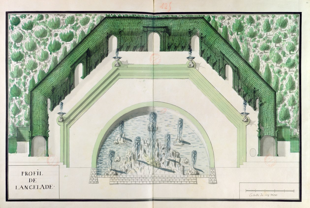 Ms 130740 Design for Bassin de lEncelade i Versailles (wc på papir) av A. and Marsy, G. and B. Le Notre