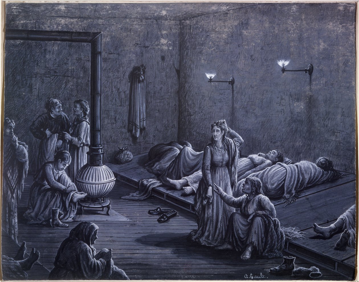 Interiør i et nattly for fattige kvinner, 1850-60 av A. Gault