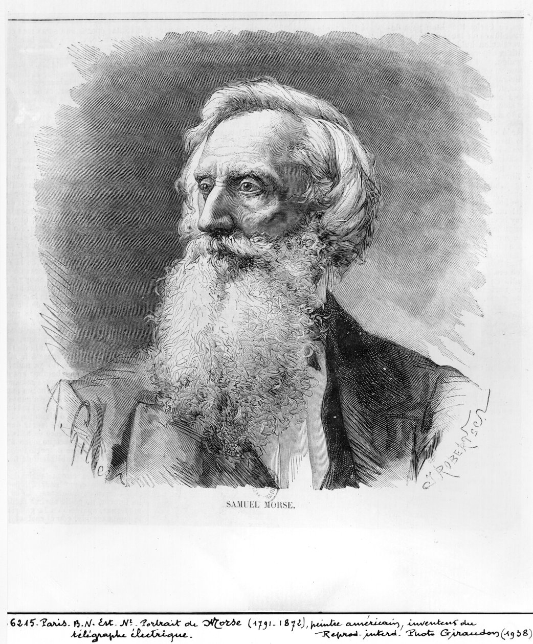 Portrett av Samuel Morse (1791-1872) gravert av C. Robertson (xylograf) (bw-foto) av A. Gilbers
