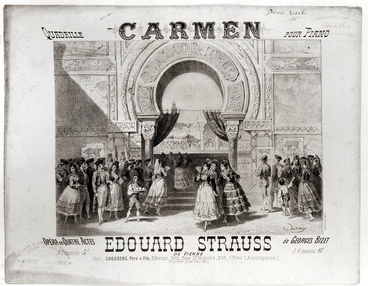 Omslag av partituret til pianokvadrillen fra 'Carmen' av Edouard Strauss (1835-1916), fra operaen av Georges Bizet (1838-75) (1835-1916) av A. Lamy
