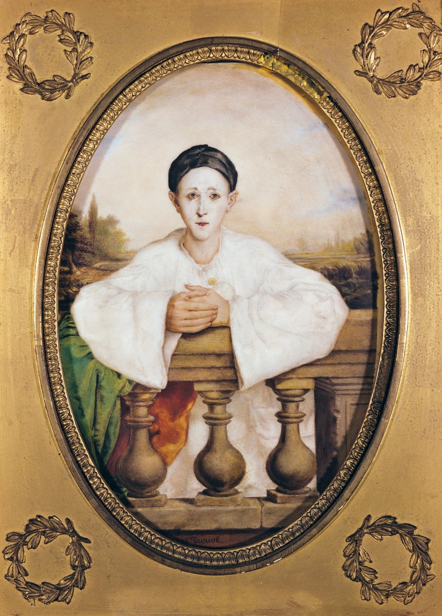 Portrett av Gaspard Deburau (1796-1846) som Pierrot, ca. 1815 (olje på porselen) av A. Trouve