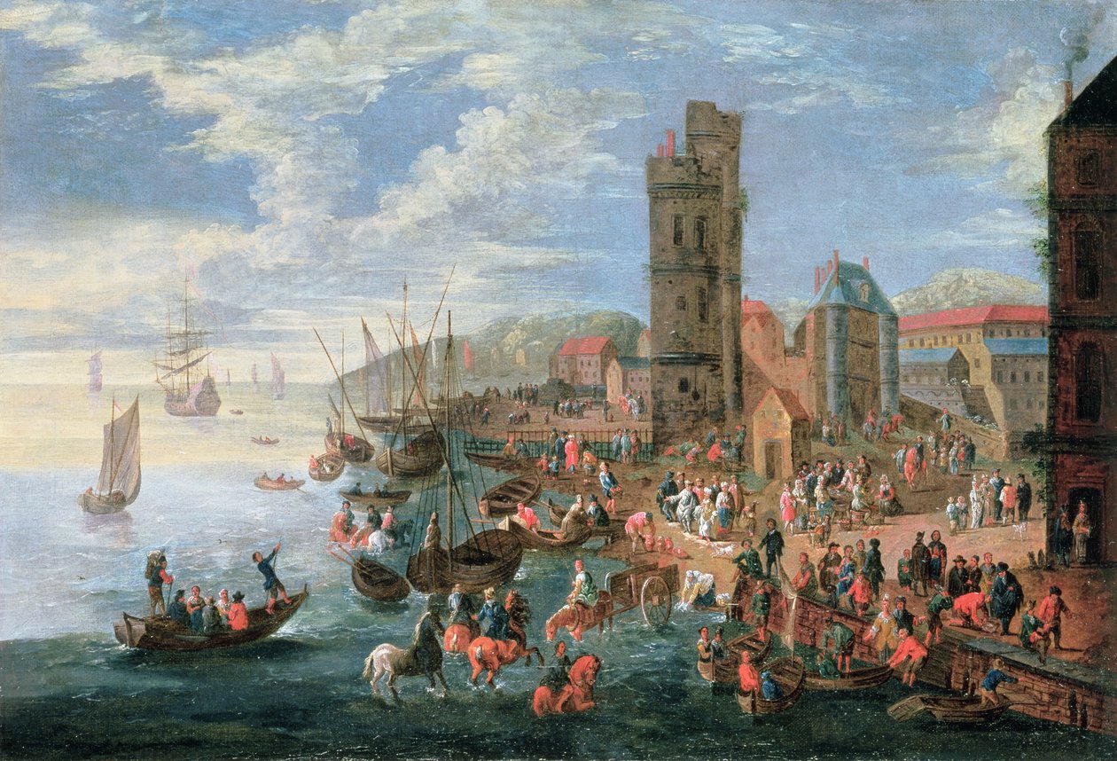 En havnescene av A.F. and Bouts, P. Boudewyns