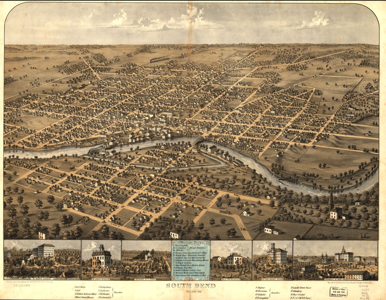 South Bend, Indiana 1866. av A.; Chicago Lithographing Co. Ruger