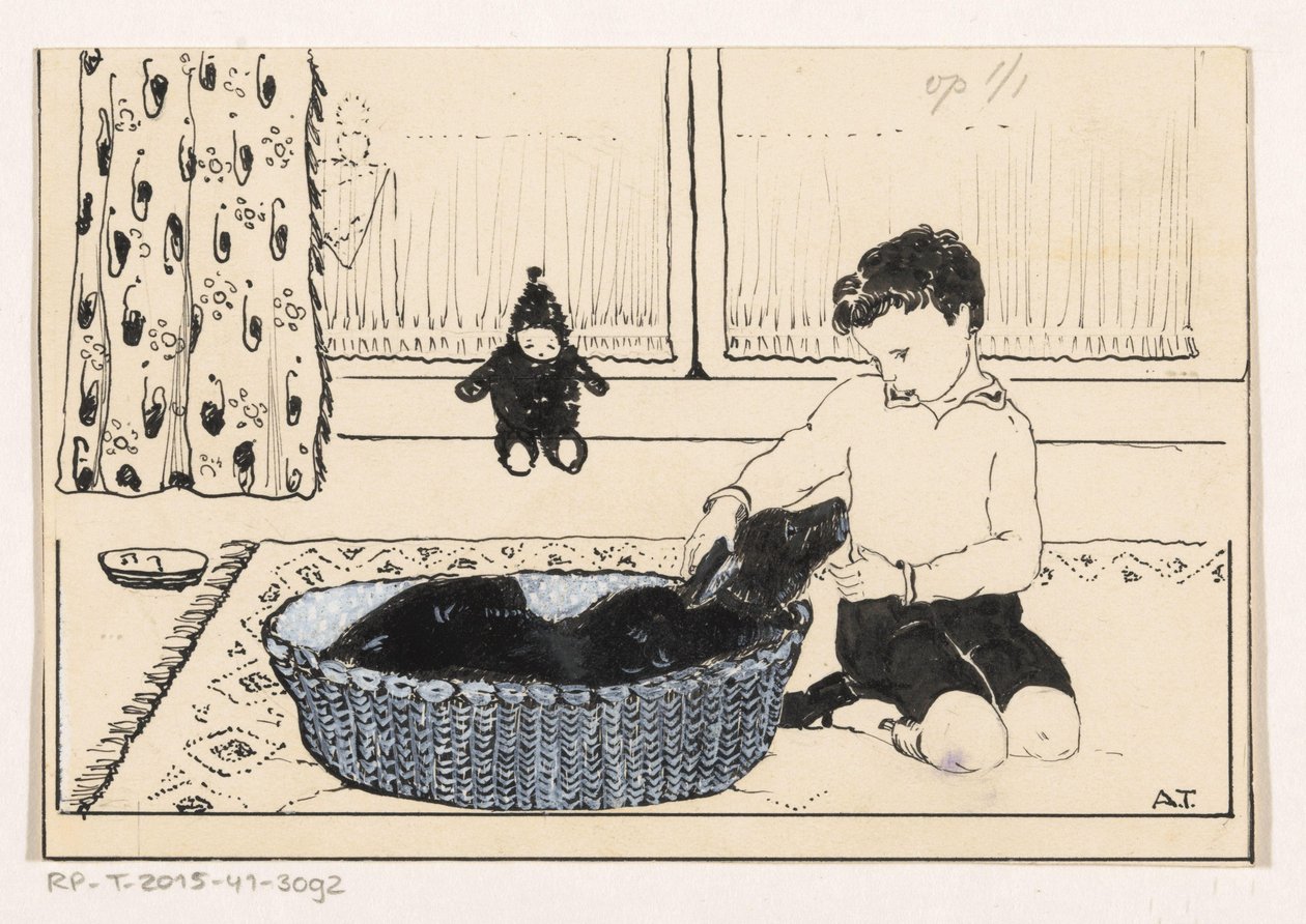 Gutt som klapper en hund av A. Tinbergen (signed by artist)