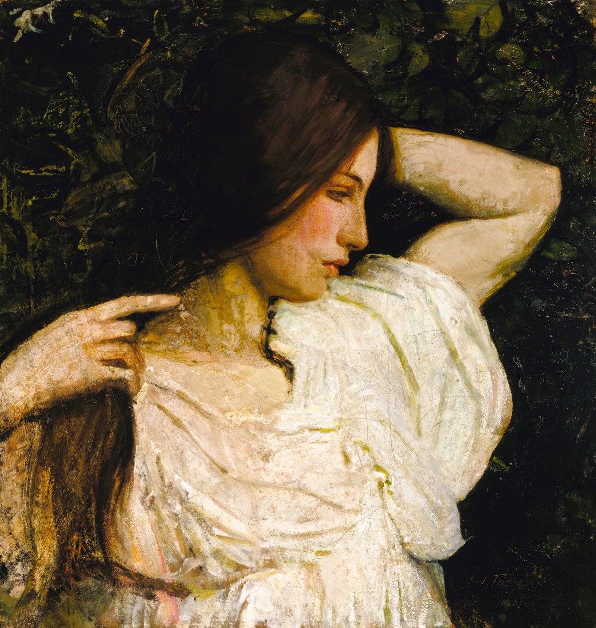 Jente som ordner håret, 1918-1919. av Abbott Handerson Thayer