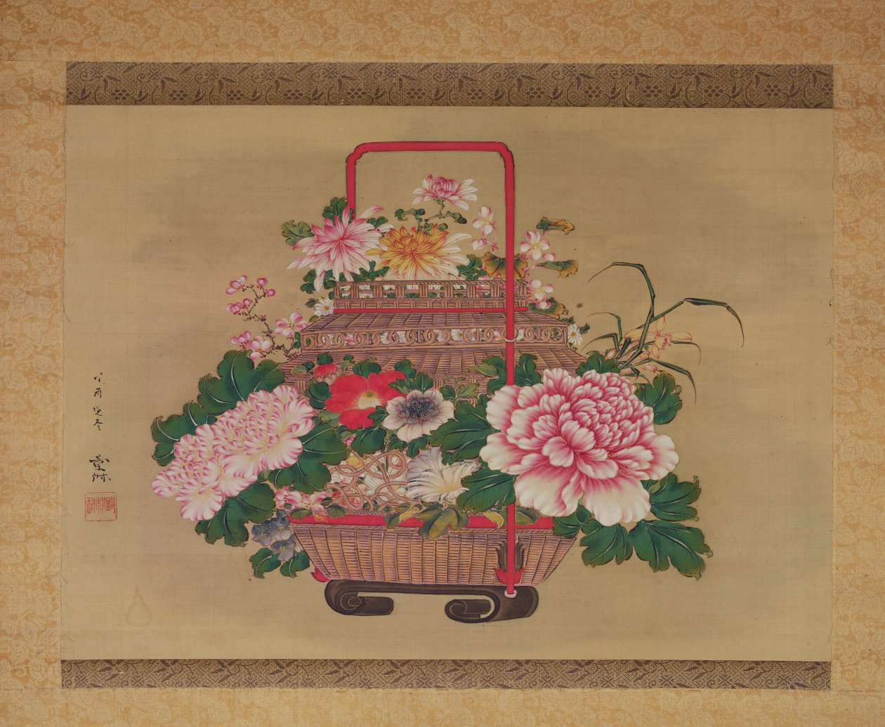 Kurv med blomster, 1837 (blekk og farger på silke) av Abe Kan Torin