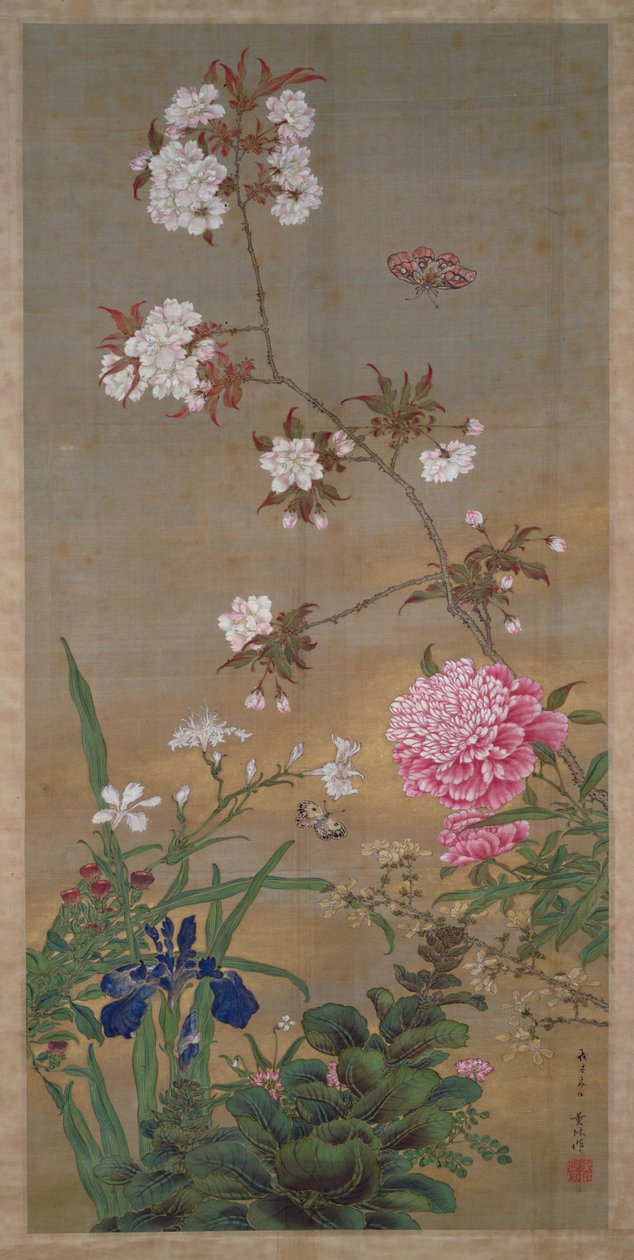 Peon, iris, kirsebærblomst og en sommerfugl, 1828 (blekk, farger og gull på silke) av Abe Kan Torin
