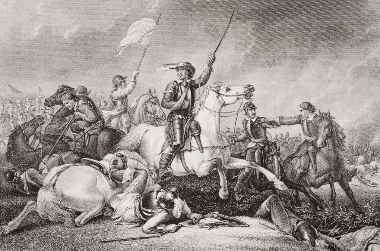 Cromwell ledet en anklage etter å ha blitt såret i høyre arm i slaget ved Marston Moor, 2. juli 1644, fra 