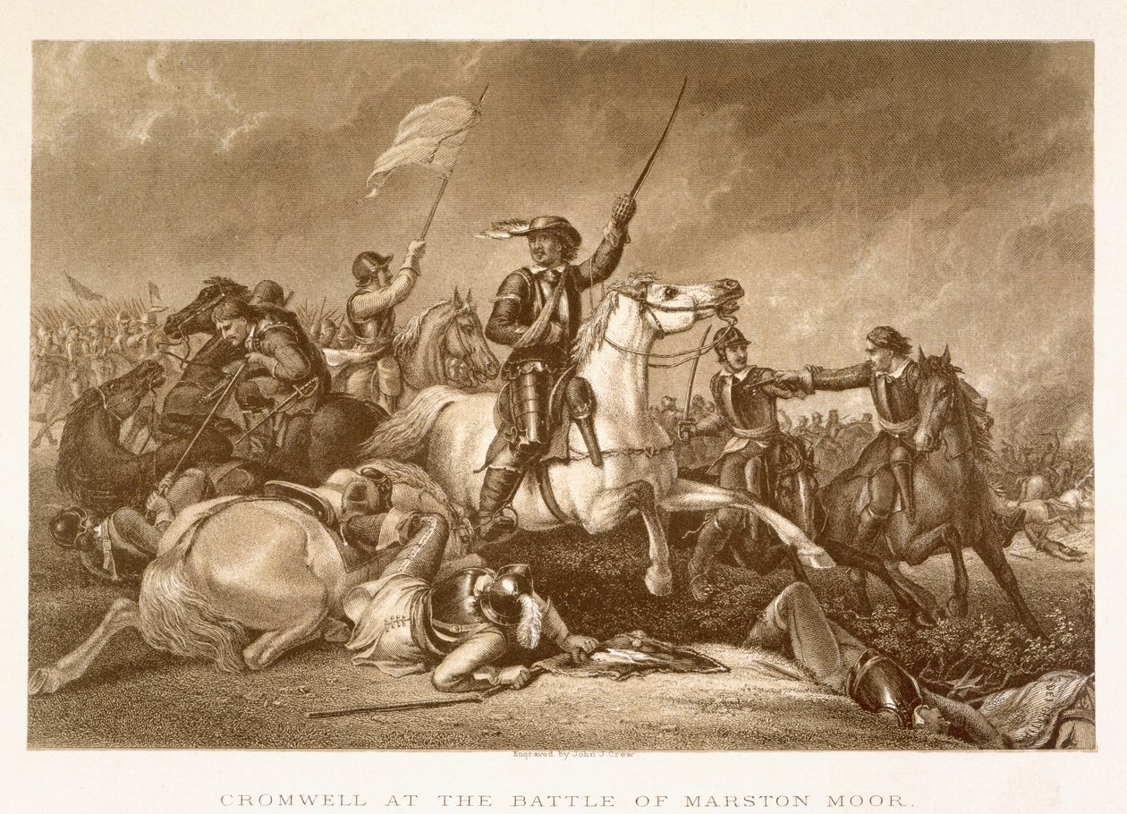 Cromwell ledet anklagen etter å ha blitt såret i høyre arm i slaget ved Marston Moor, 2. juli 1644, gravert av John Crew av Abraham Cooper