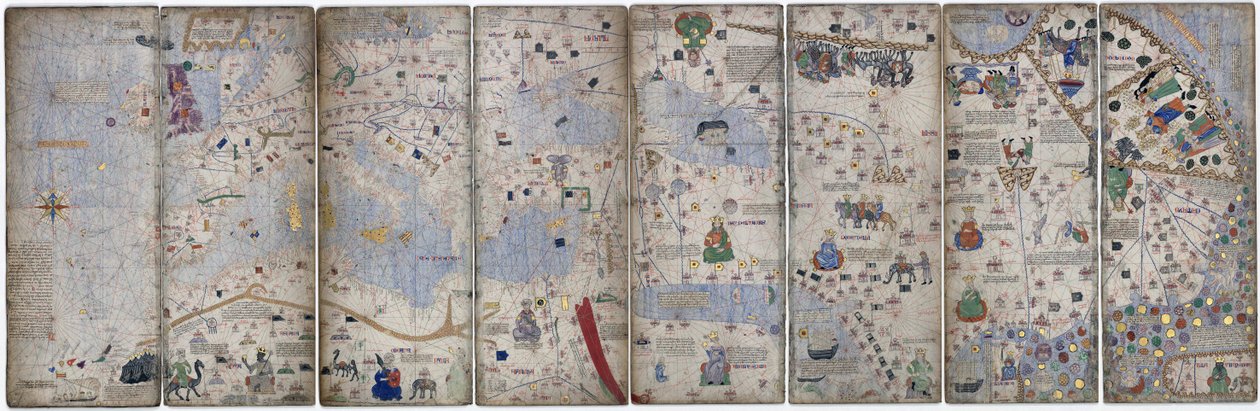 Montasje på 8 sider fra Catalan Atlas of Cresques; den da kjente verden av Abraham Cresques
