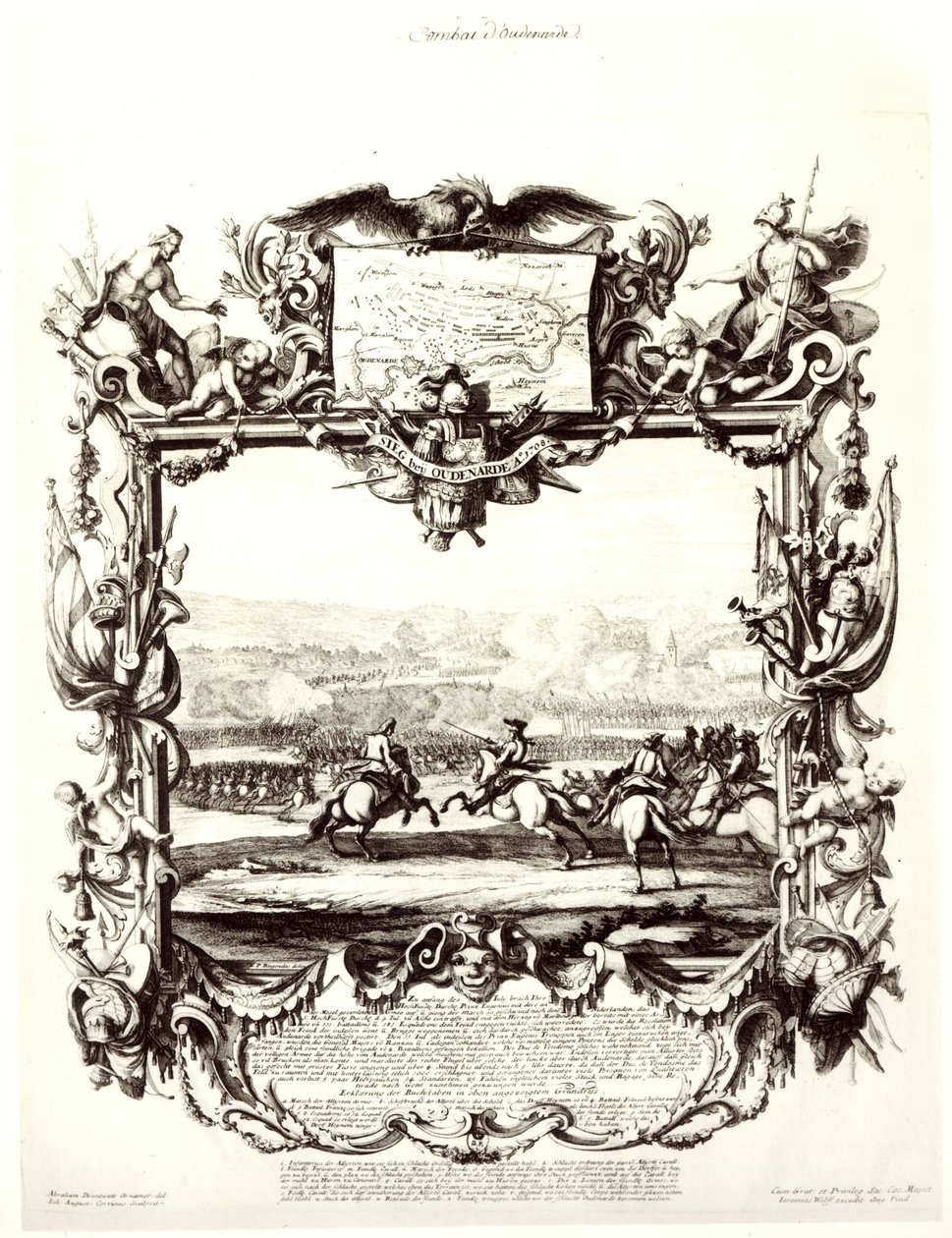 Slaget ved Oudenaarde, 11. juli 1708, gravert av Jeremias Wolff og Johann August Corvinus (1683-1738) av Abraham Drentwett