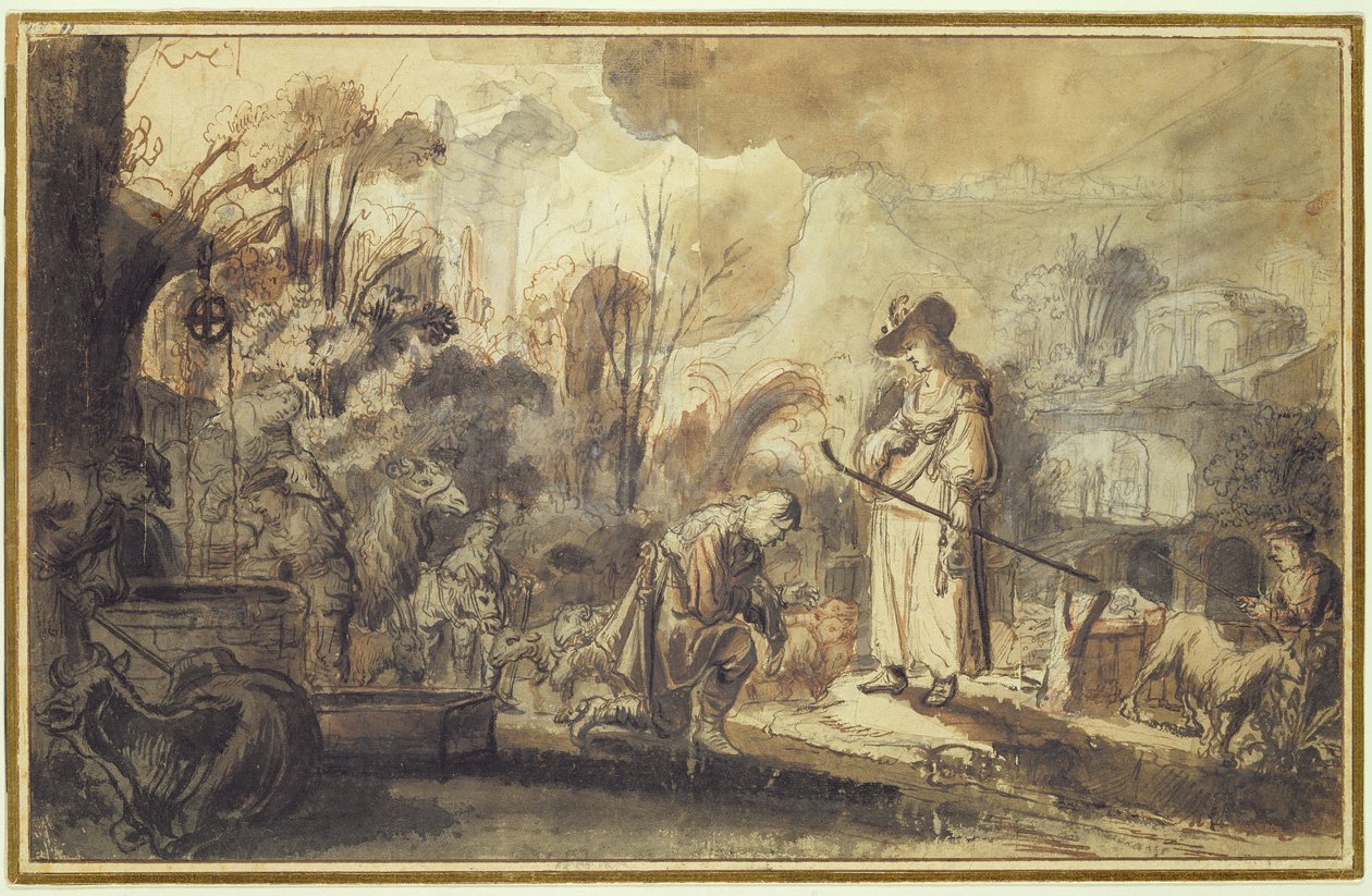 Eliezer og Rebecca ved brønnen (penn og blekk vask over blyant og rødt kritt på papir) av Abraham Furnerius