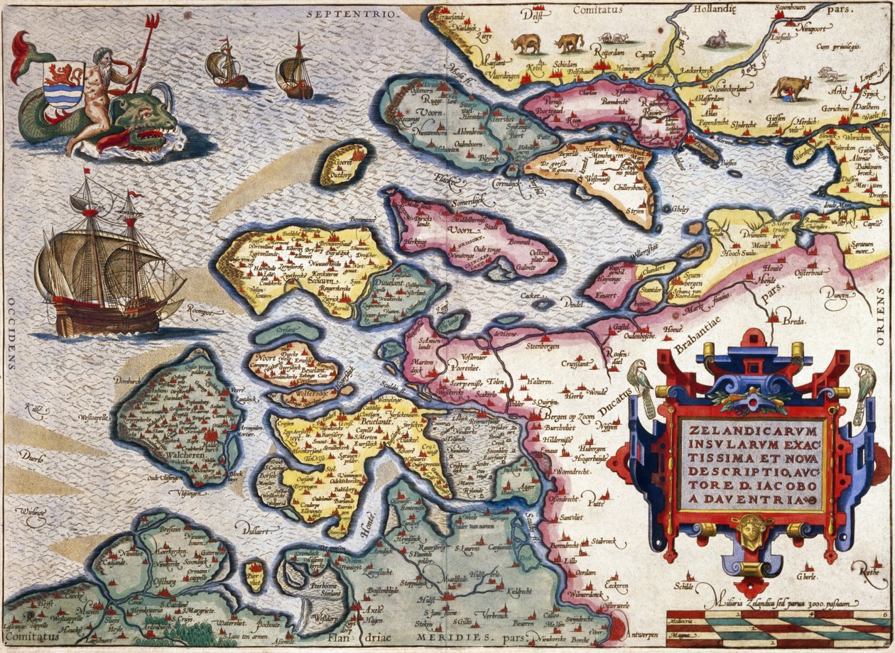 Kart over Zeeland, ca. 1560 (håndfarget gravering) av Abraham Ortelius