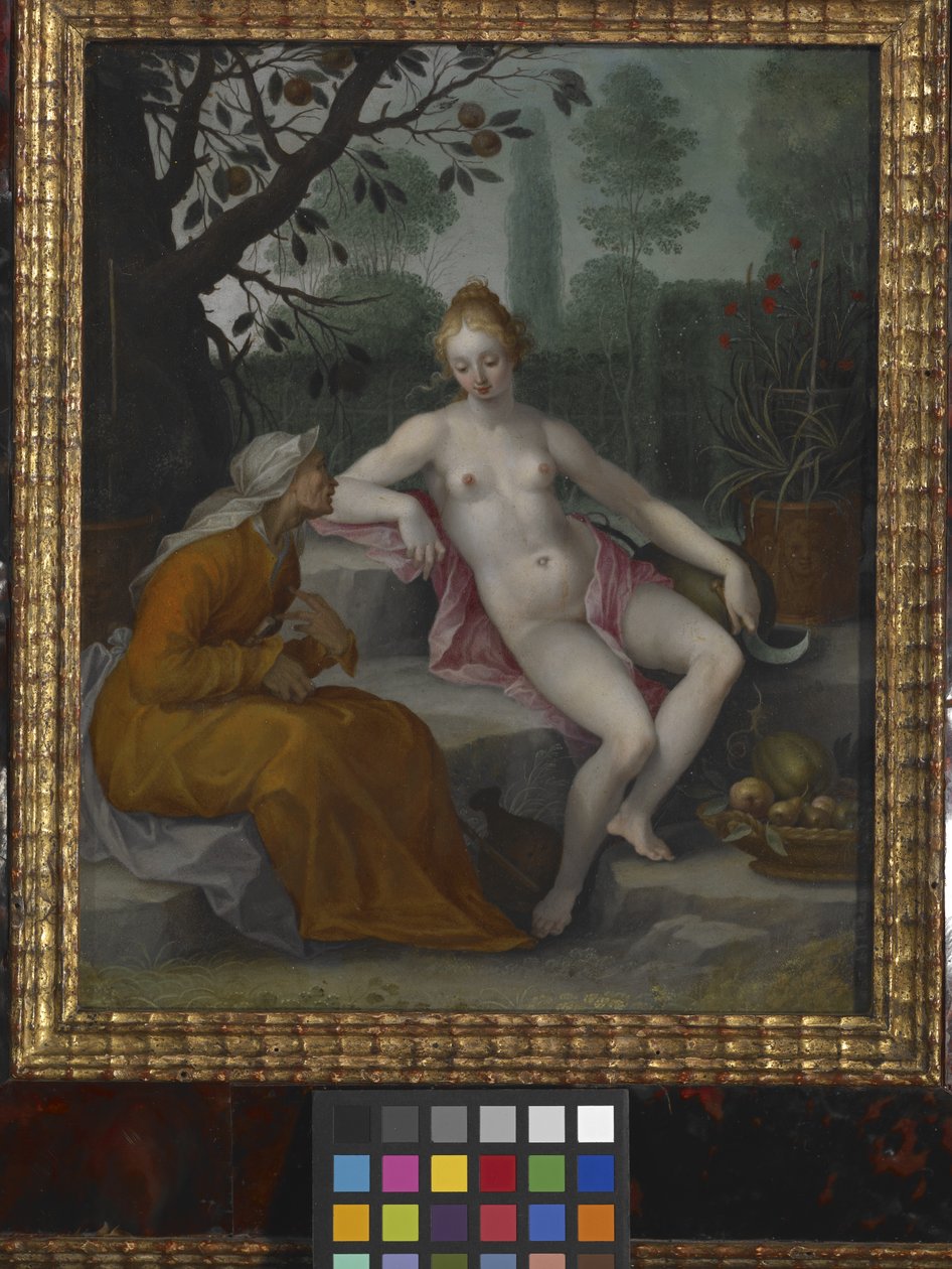 Vertumnus And Pomona (olje på kobber) av Abraham Bloemaert