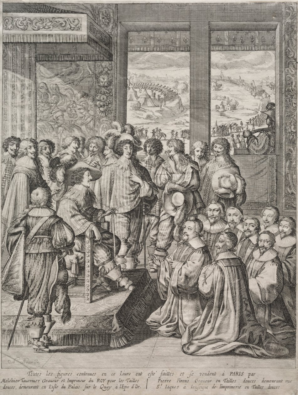 Louis XIII mottar en deputasjon av sorenskrivere. av Abraham Bosse