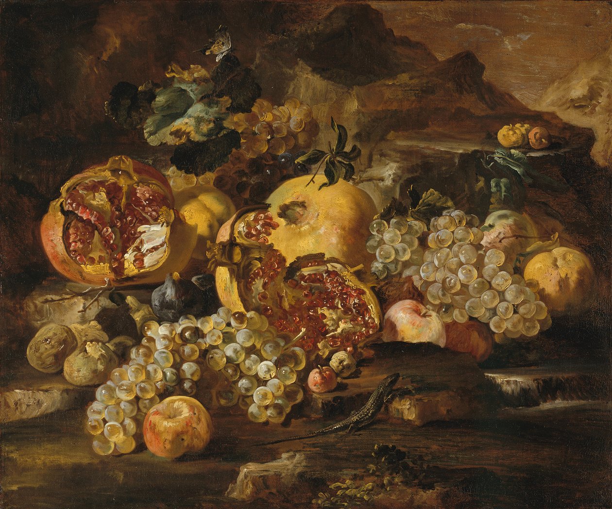 Granatepler og annen frukt i et landskap. av Abraham Brueghel