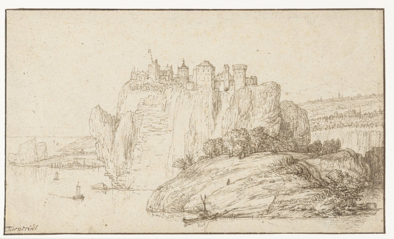 Slott på en stein i et elvelandskap av Abraham Furnerius