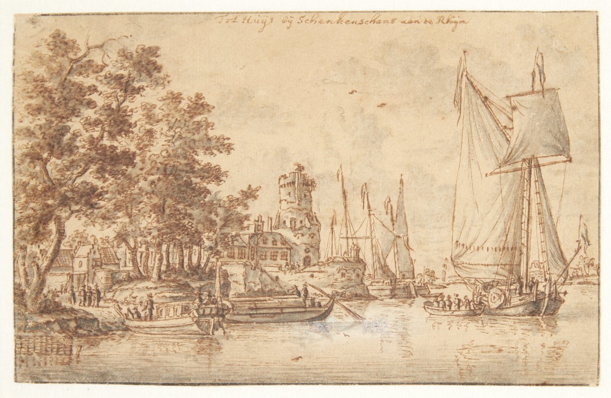 Rhinlandskap med slott og skip av Abraham Storck