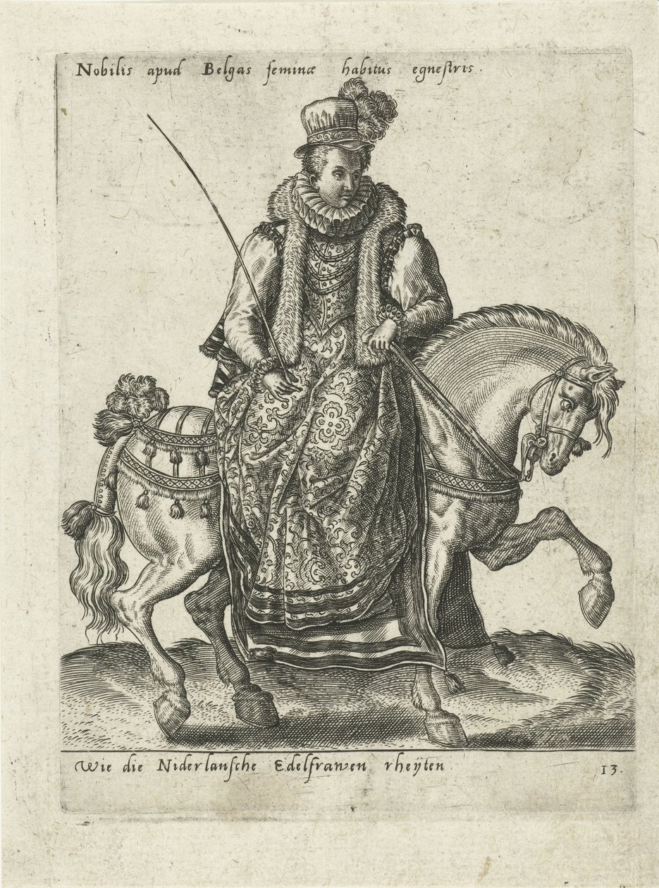 Nederlandsk adelskvinne til hest av Abraham de Bruyn (attributed to)