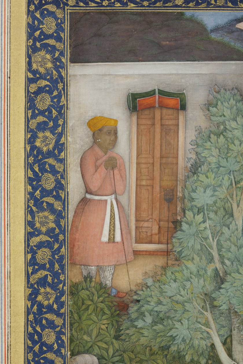Detalj fra keiser Jahangir med hellige menn i en hage, ca. 1615 (ugjennomsiktig wc og gull på papir) av Abul Hasan