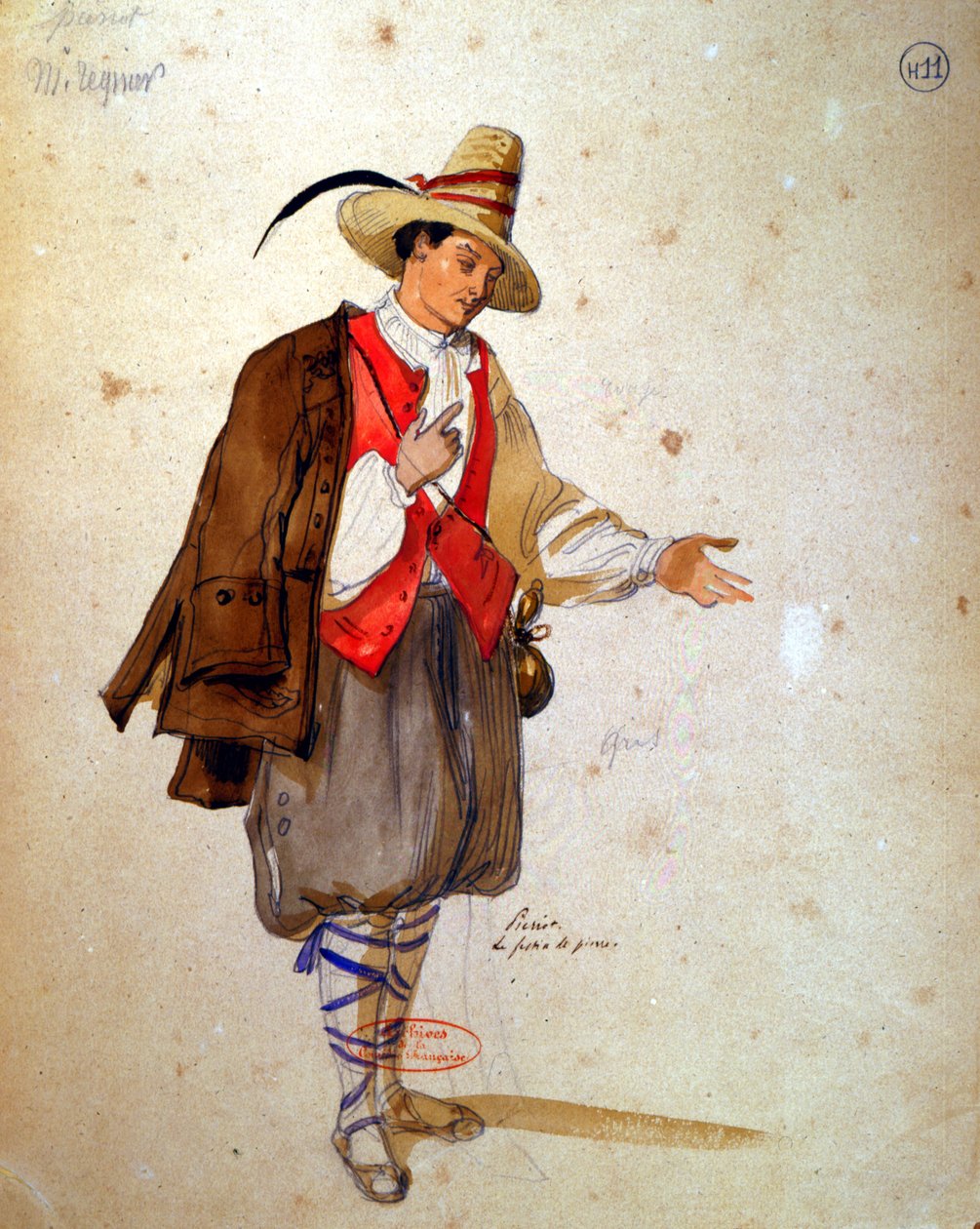 Kostymedesign for rollen som Pierrot i en produksjon fra 1847 av 
