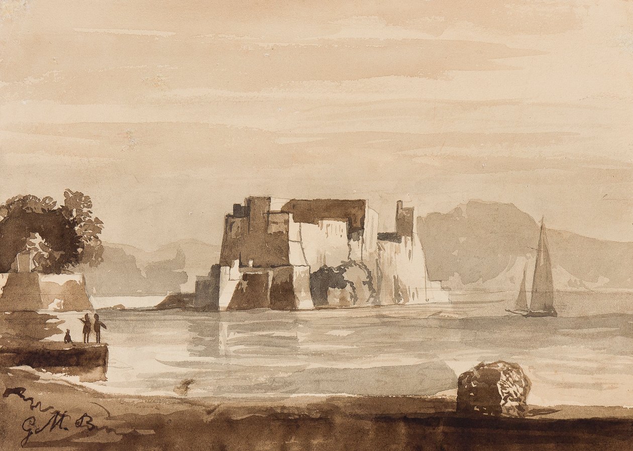 Castel dell'Ovo, med tillegg av prins Gaetano Maria Federico di Borbone (1846-1871) (blyant og sepia vask på papir) av Achille Vianelli