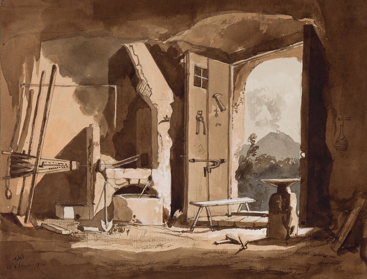 Interiør i en smie, med tillegg av prins Gaetano Maria Federico di Borbone (1846-1871), 1854 (blyant og sepiavask på papir) av Achille Vianelli