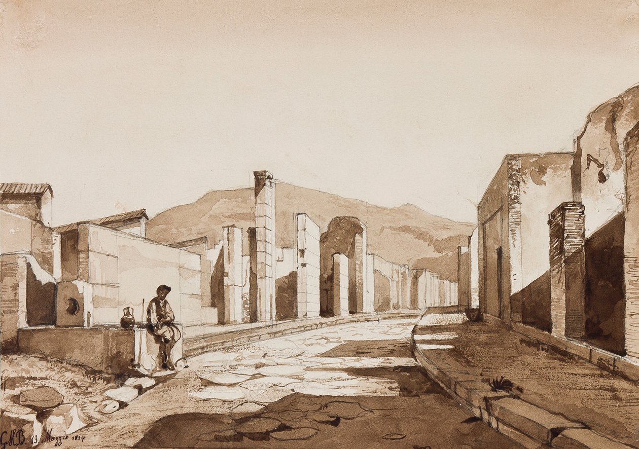 Pompeii, med tillegg av prins Gaetano Maria Federico di Borbone (1846-1871), 1854 (blyant og sepiavask på papir) av Achille Vianelli