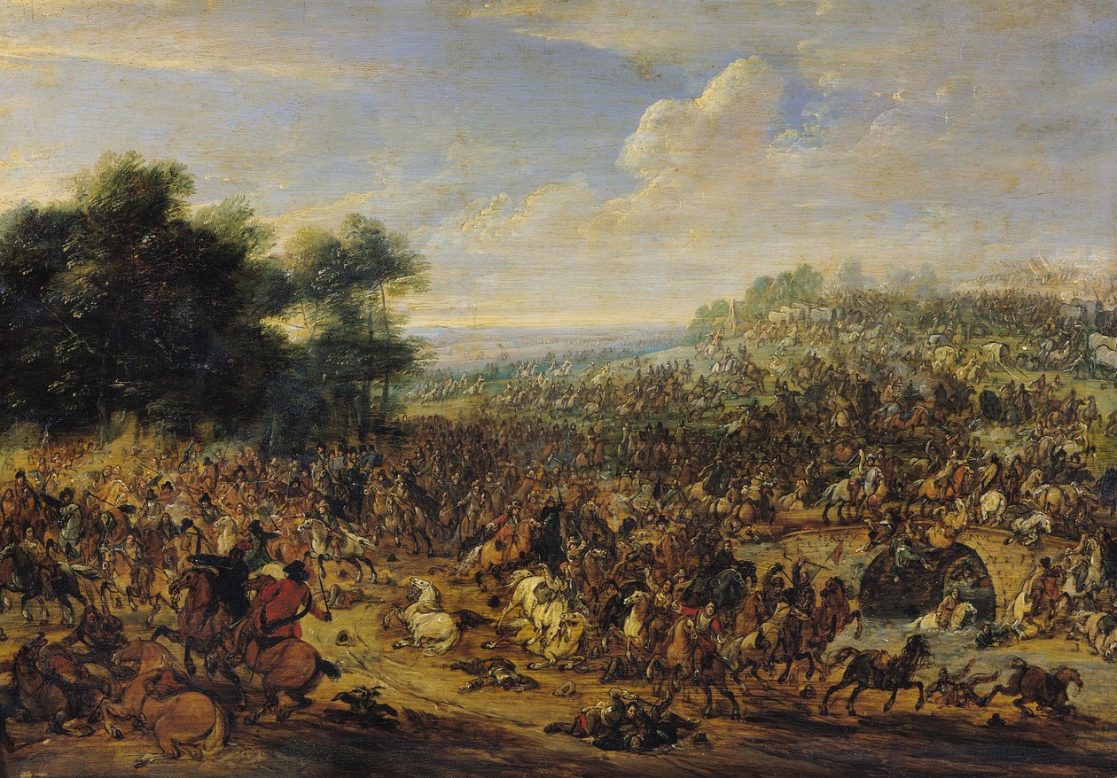Kamp nær en bro av Adam Frans van der Meulen