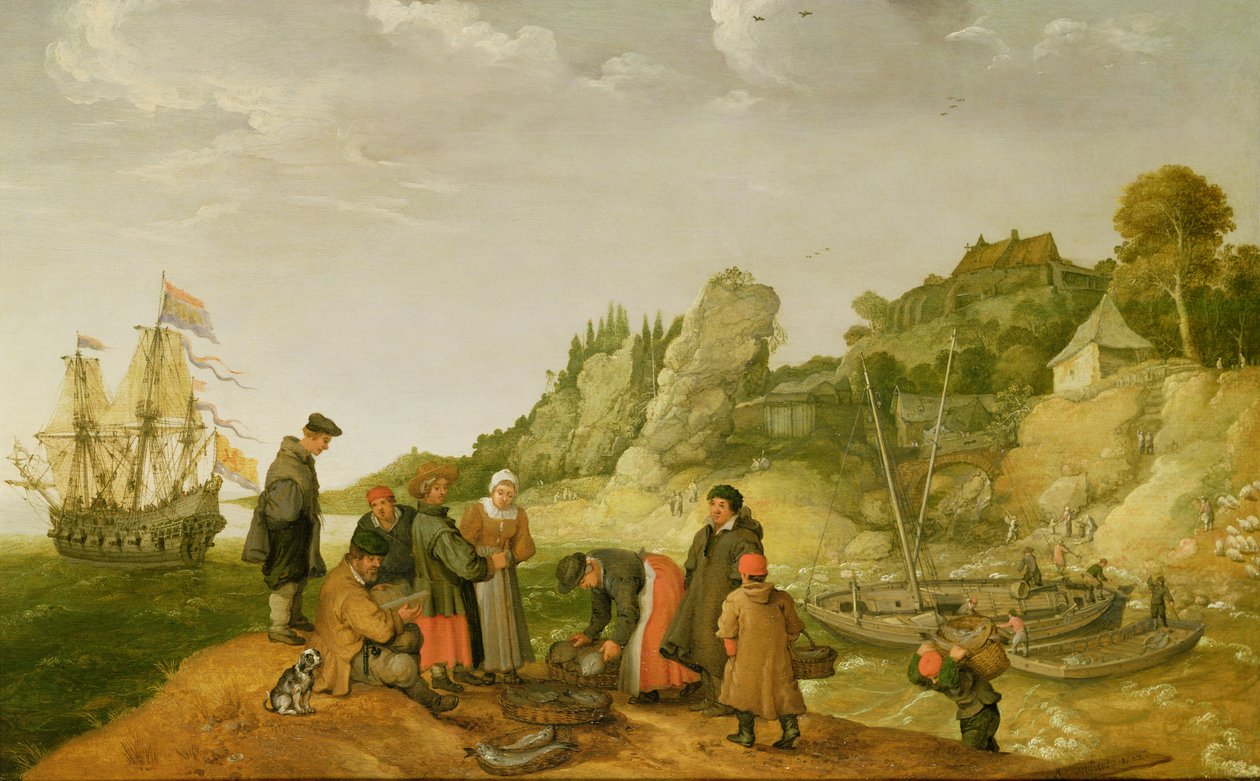 Fisker som losser og selger fangsten sin på en steinete strandlinje av Adam Willaerts