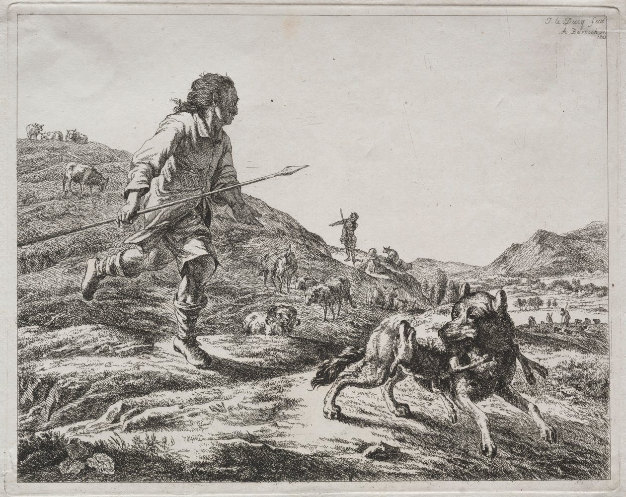 Shepherd Chasing a Wolf, 1803. av Adam von Bartsch