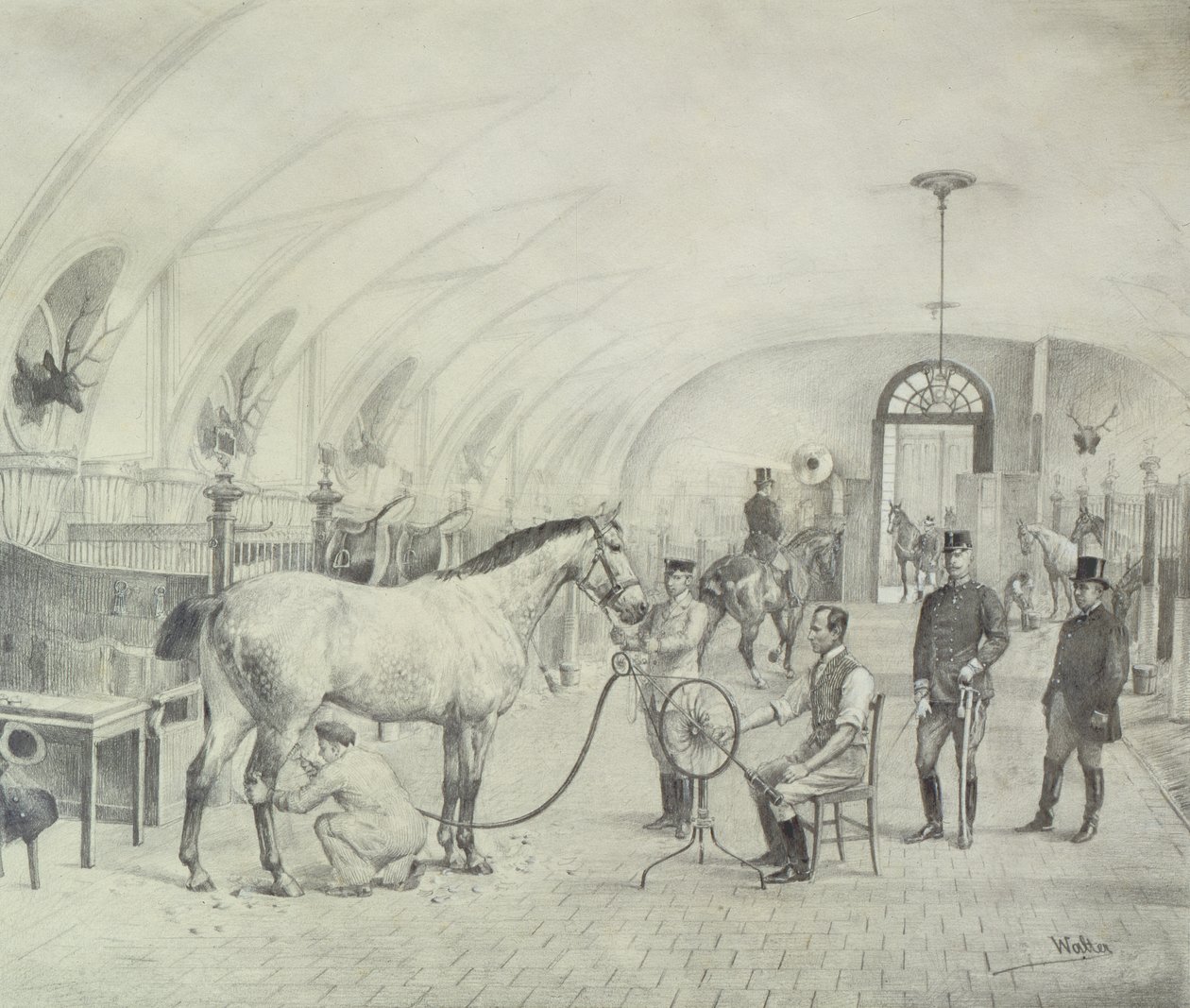 The Royal Stables: morgenstell (blyant) av Adele Walter