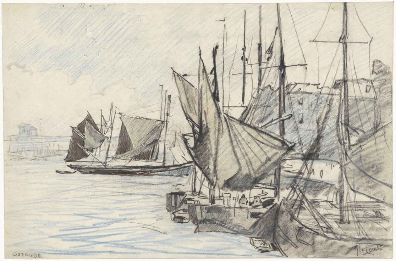 Seilskuter i havnen i Oostende av Adolf le Comte