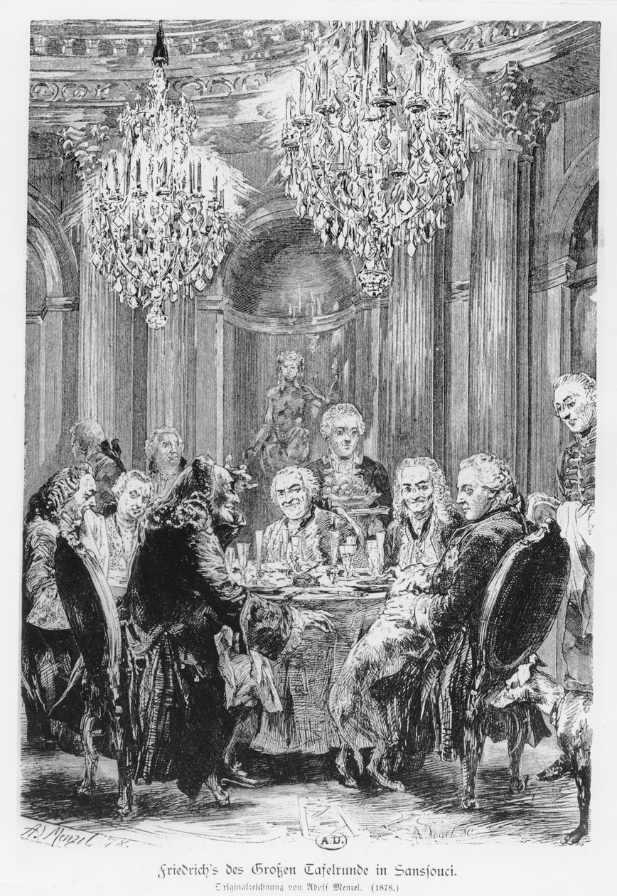 Voltaire satt ved siden av kong Frederick II på Château de Sans Souci, Potsdam, Tyskland, 1878 av Adolph Menzel