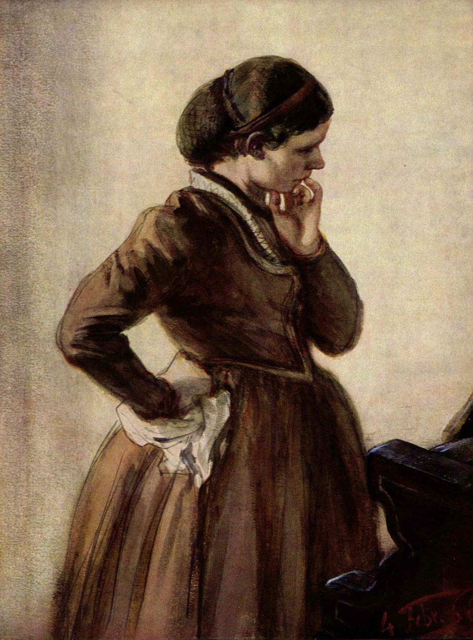 Emilie Menzel står ved pianoet av Adolph Menzel