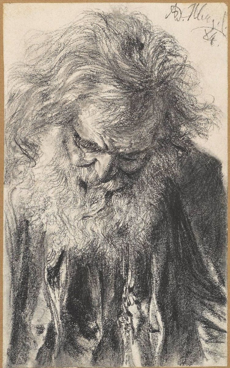 Halv lengde av en skjegget gammel mann med bøyd hode av Adolph Menzel